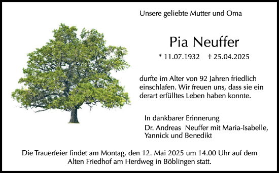 Traueranzeige von Pia Neuffer von Kreiszeitung Böblinger Bote
