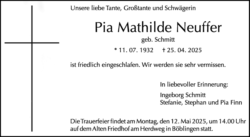  Traueranzeige für Pia Mathilde Neuffer vom 10.05.2025 aus Kreiszeitung Böblinger Bote