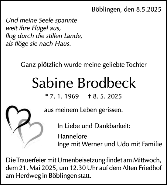 Traueranzeige von Sabine Brodbeck von Kreiszeitung Böblinger Bote