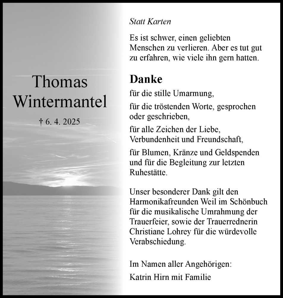  Traueranzeige für Thomas Wintermantel vom 02.05.2025 aus Kreiszeitung Böblinger Bote