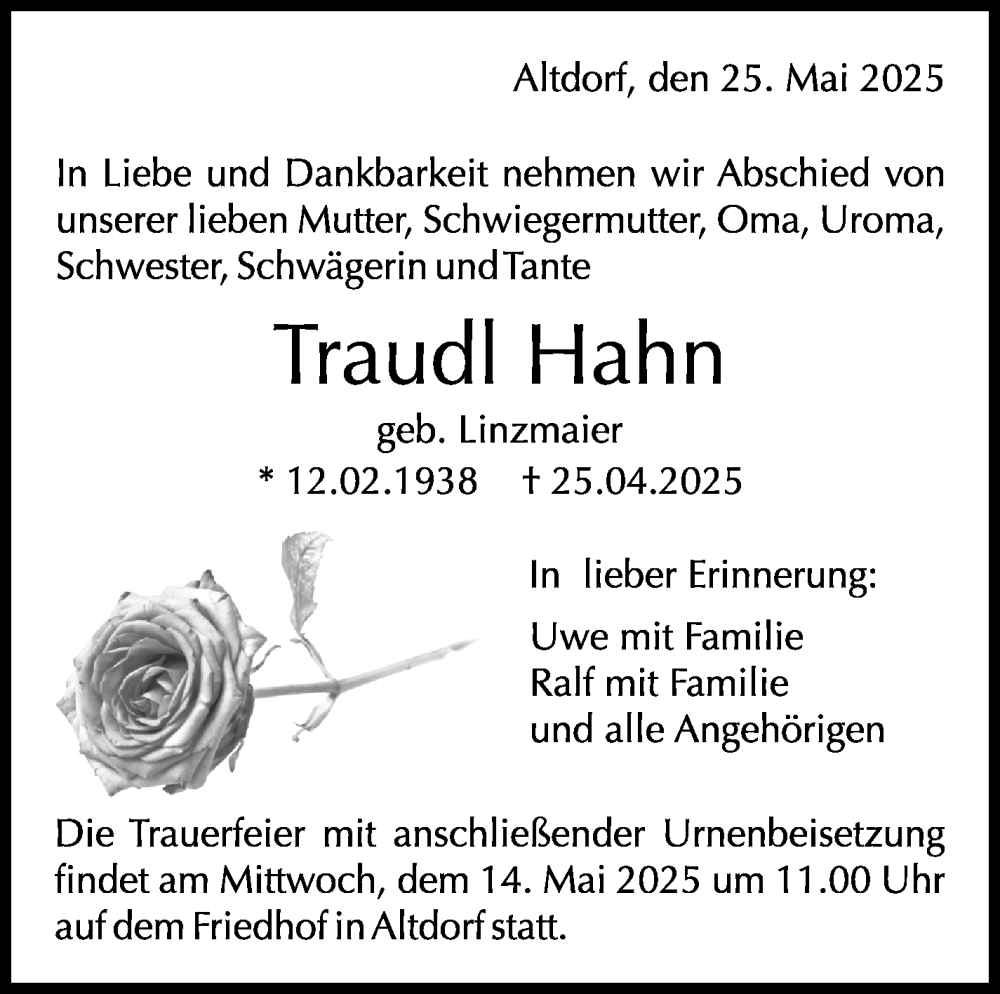  Traueranzeige für Traudl Hahn vom 07.05.2025 aus Kreiszeitung Böblinger Bote