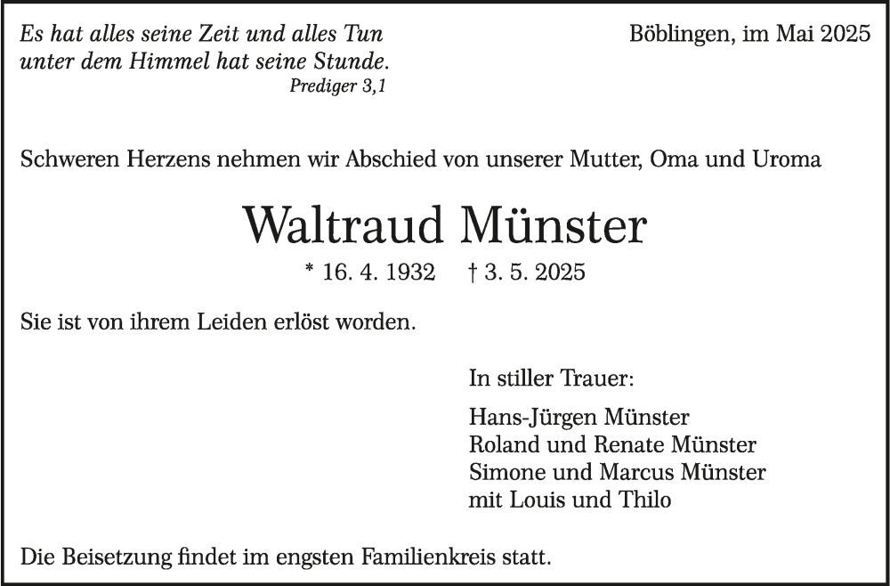  Traueranzeige für Waltraud Münster vom 10.05.2025 aus Kreiszeitung Böblinger Bote