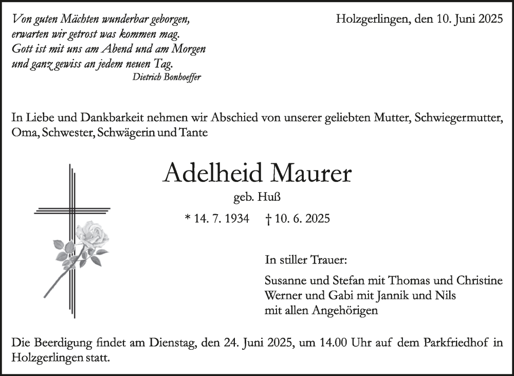  Traueranzeige für Adelheid Maurer vom 18.06.2025 aus Kreiszeitung Böblinger Bote