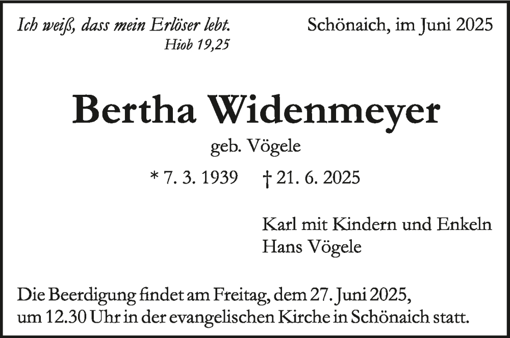  Traueranzeige für Bertha Widenmeyer vom 26.06.2025 aus Kreiszeitung Böblinger Bote