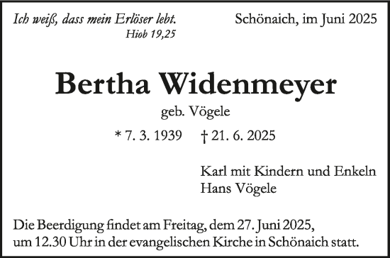 Traueranzeige von Bertha Widenmeyer von Kreiszeitung Böblinger Bote