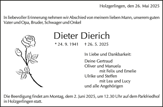 Traueranzeige von Dieter Dierich von Kreiszeitung Böblinger Bote