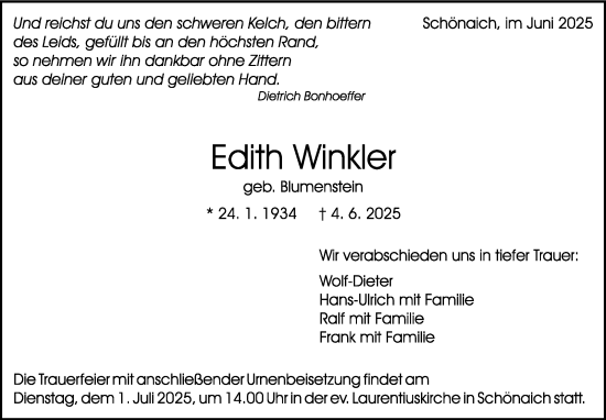 Traueranzeige von Edith Winkler von Kreiszeitung Böblinger Bote