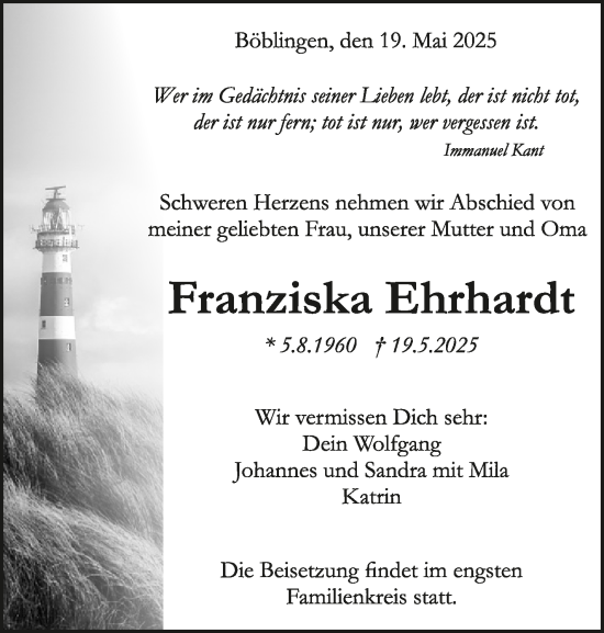 Traueranzeige von Franziska Ehrhardt von Kreiszeitung Böblinger Bote