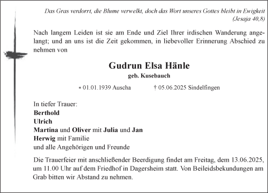 Traueranzeige von Gudrun Elsa Hänle von Kreiszeitung Böblinger Bote