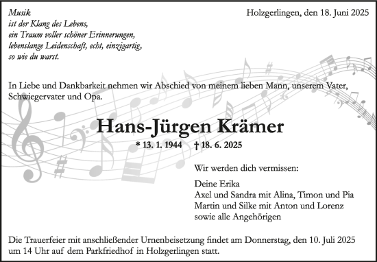 Traueranzeige von Hans-Jürgen Krämer von Kreiszeitung Böblinger Bote