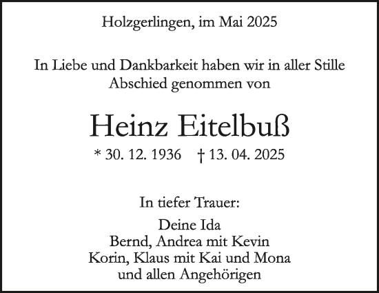 Traueranzeige von Heinz Eitelbuß von Kreiszeitung Böblinger Bote