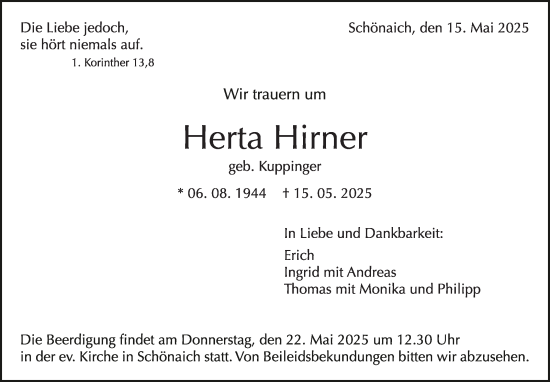 Traueranzeige von Herta Hirner von Kreiszeitung Böblinger Bote
