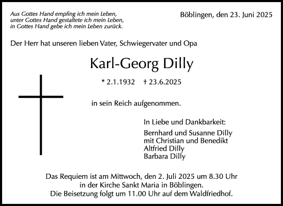 Traueranzeige von Karl-Georg Dilly von Kreiszeitung Böblinger Bote