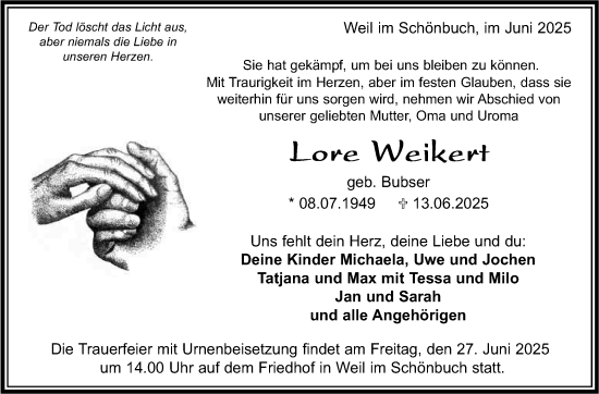 Traueranzeige von Lore Weikert von Kreiszeitung Böblinger Bote