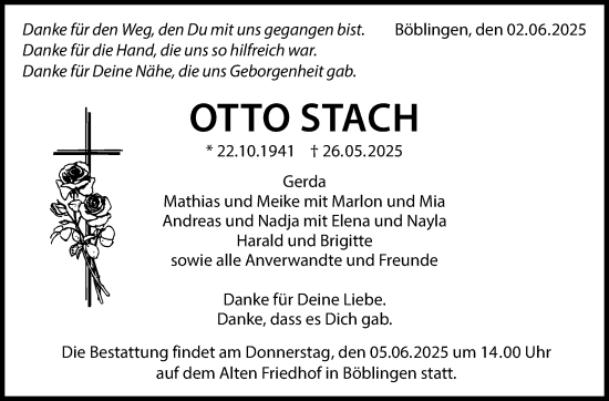 Traueranzeige von Otto Stach von Kreiszeitung Böblinger Bote
