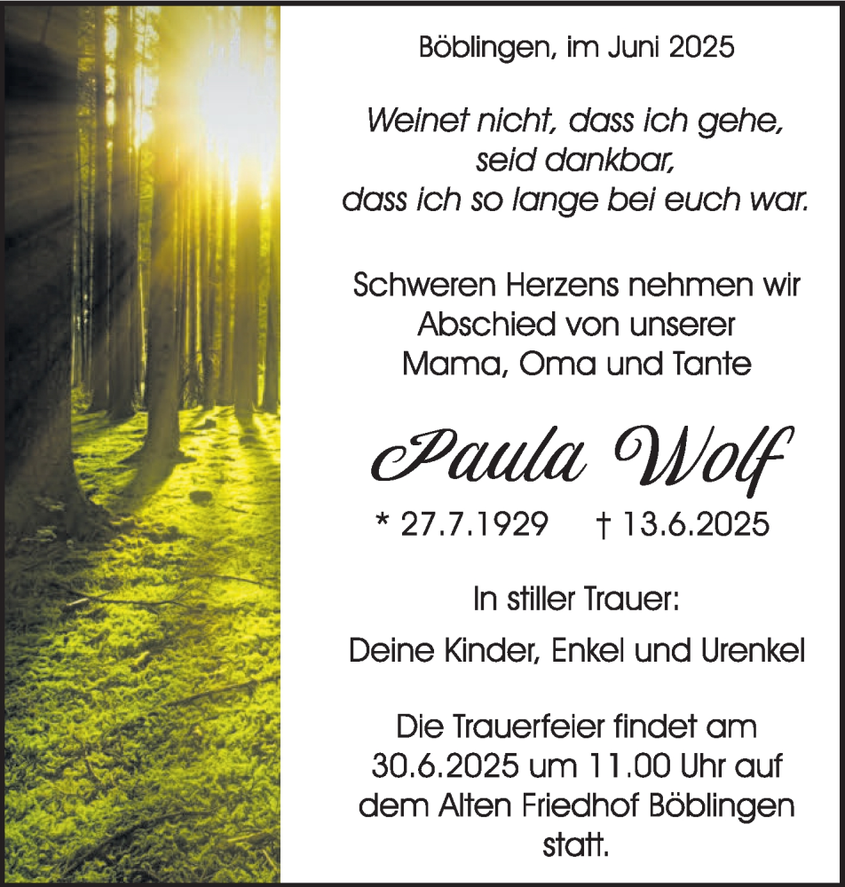  Traueranzeige für Paula Wolf vom 27.06.2025 aus Kreiszeitung Böblinger Bote