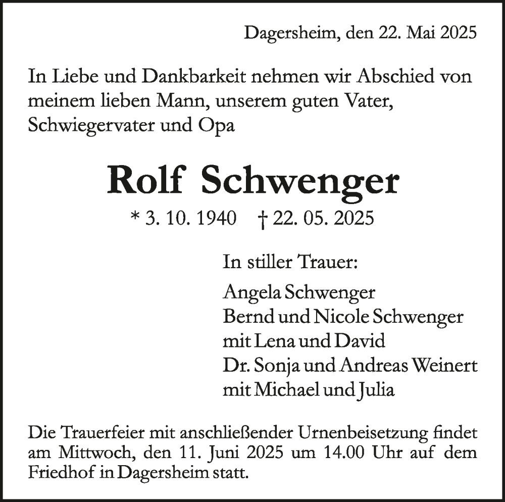  Traueranzeige für Rolf Schwenger vom 04.06.2025 aus Kreiszeitung Böblinger Bote
