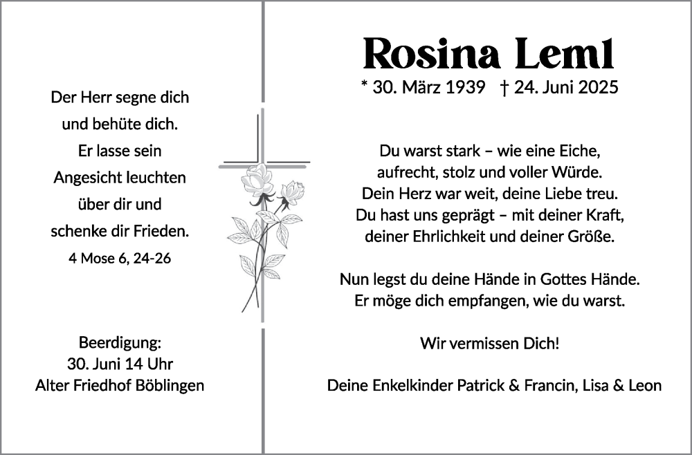  Traueranzeige für Rosina Leml vom 27.06.2025 aus Kreiszeitung Böblinger Bote