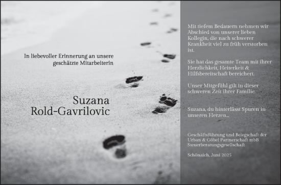 Traueranzeige von Suzana Rold-Gavrilovic von Kreiszeitung Böblinger Bote