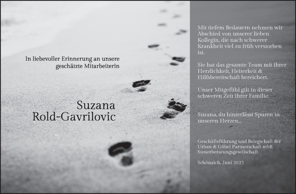  Traueranzeige für Suzana Rold-Gavrilovic vom 20.06.2025 aus Kreiszeitung Böblinger Bote