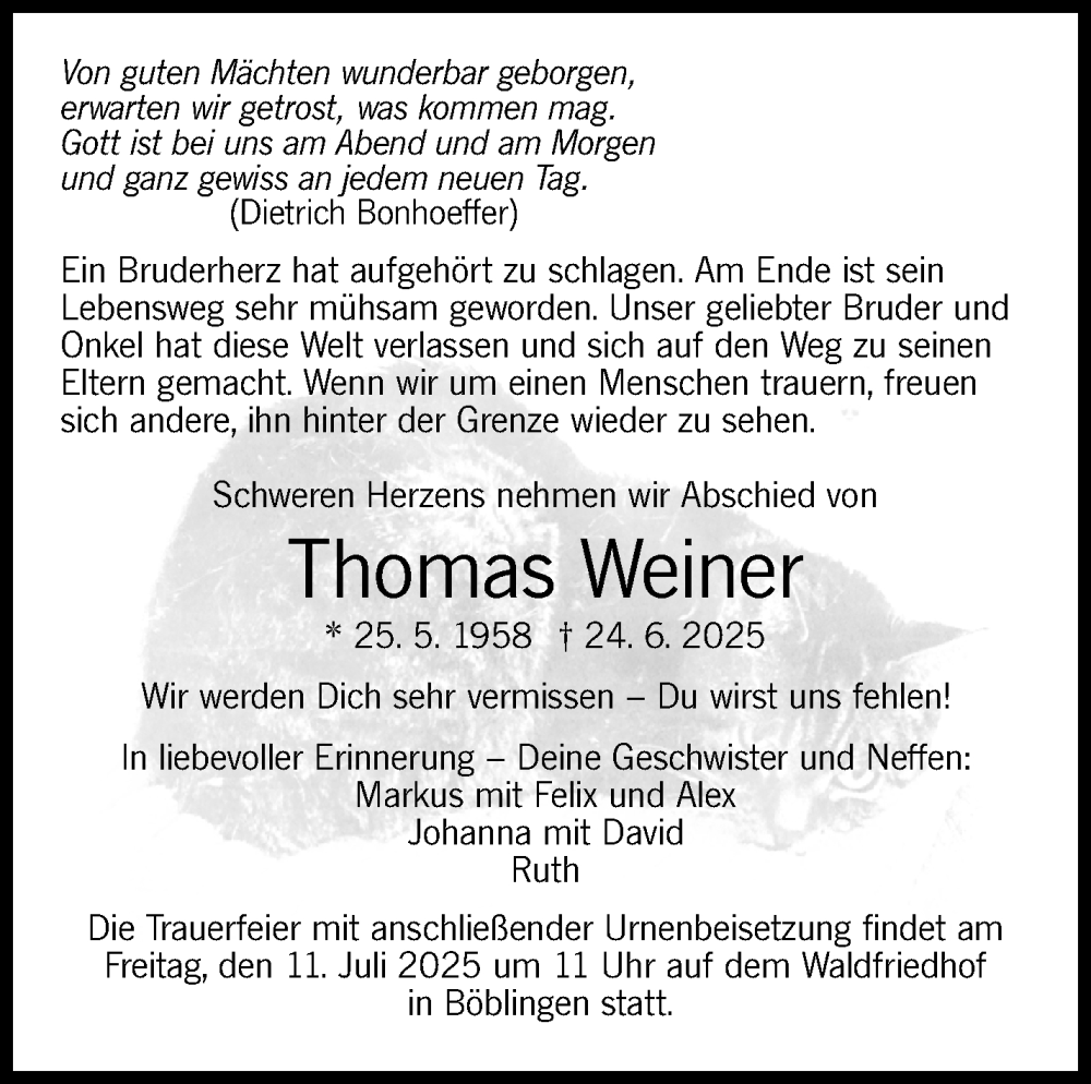  Traueranzeige für Thomas Weiner vom 28.06.2025 aus Kreiszeitung Böblinger Bote