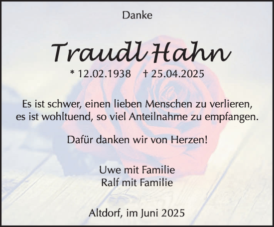 Traueranzeige von Traudl Hahn von Kreiszeitung Böblinger Bote