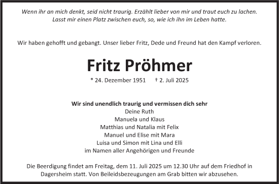 Traueranzeige von Fritz Pröhmer von Kreiszeitung Böblinger Bote