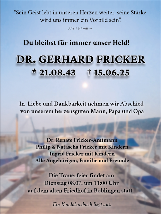 Traueranzeige von Gerhard Fricker von Kreiszeitung Böblinger Bote