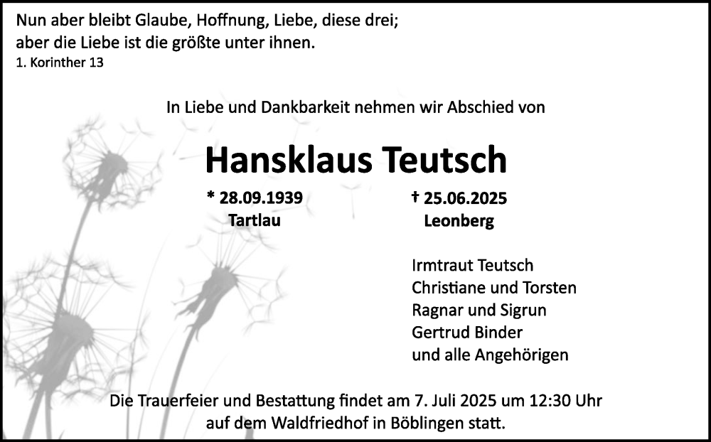  Traueranzeige für Hansklaus Teutsch vom 02.07.2025 aus Kreiszeitung Böblinger Bote