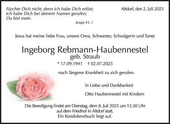 Traueranzeige von Ingeborg Rebmann-Haubennestel von Kreiszeitung Böblinger Bote