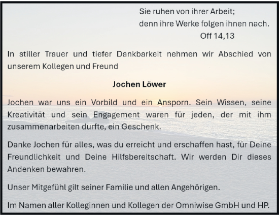 Traueranzeige von Jochen Löwer von Kreiszeitung Böblinger Bote