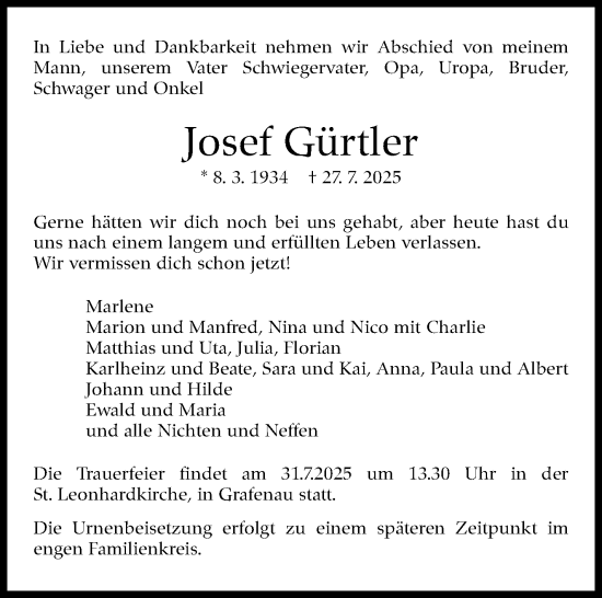 Traueranzeige von Josef Gürtler von Kreiszeitung Böblinger Bote
