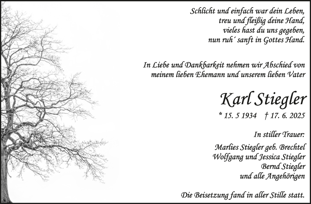  Traueranzeige für Karl Stiegler vom 18.07.2025 aus Kreiszeitung Böblinger Bote