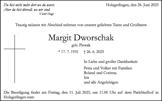 Traueranzeige von Margit Dworschak von Kreiszeitung Böblinger Bote