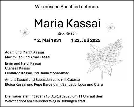 Traueranzeige von Maria Kassai von Kreiszeitung Böblinger Bote