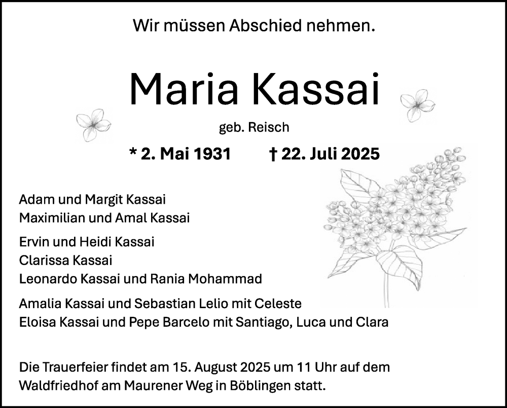  Traueranzeige für Maria Kassai vom 26.07.2025 aus Kreiszeitung Böblinger Bote