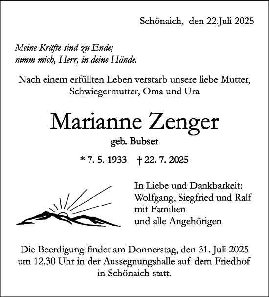Traueranzeige von Marianne Zenger von Kreiszeitung Böblinger Bote