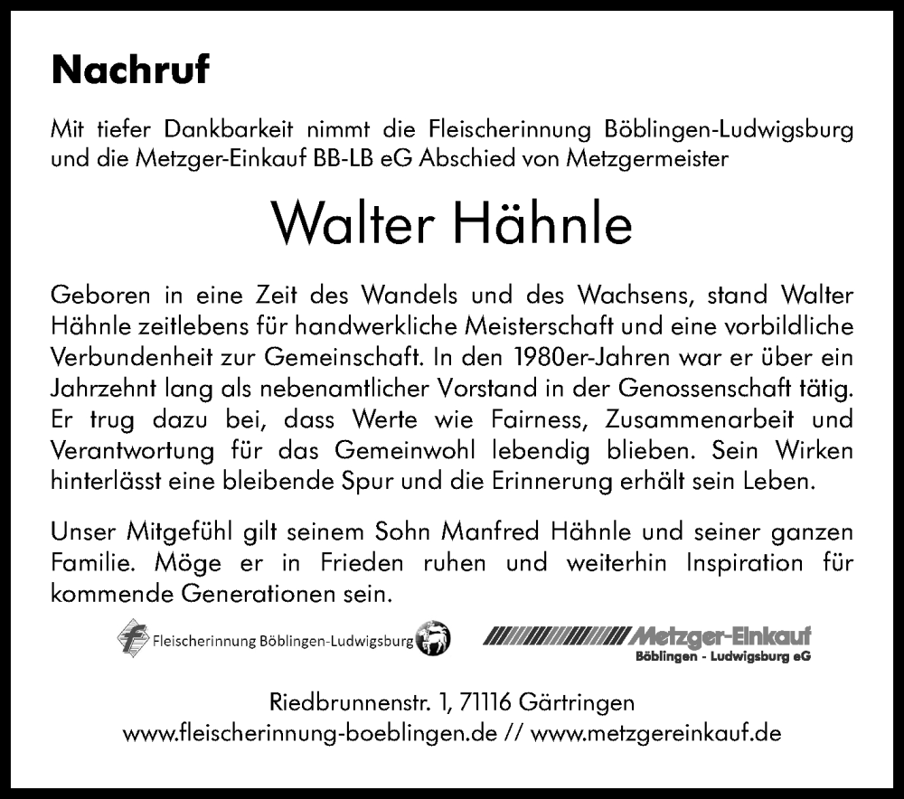  Traueranzeige für Walter Hähnle vom 27.08.2025 aus 