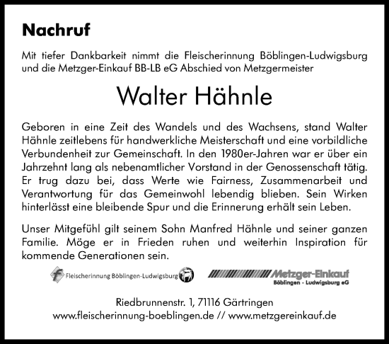 Traueranzeige von Walter Hähnle 