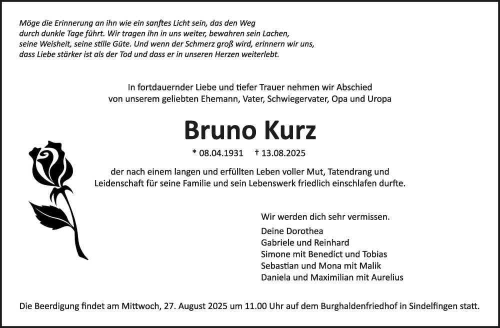  Traueranzeige für Bruno Kurz vom 19.08.2025 aus Kreiszeitung Böblinger Bote