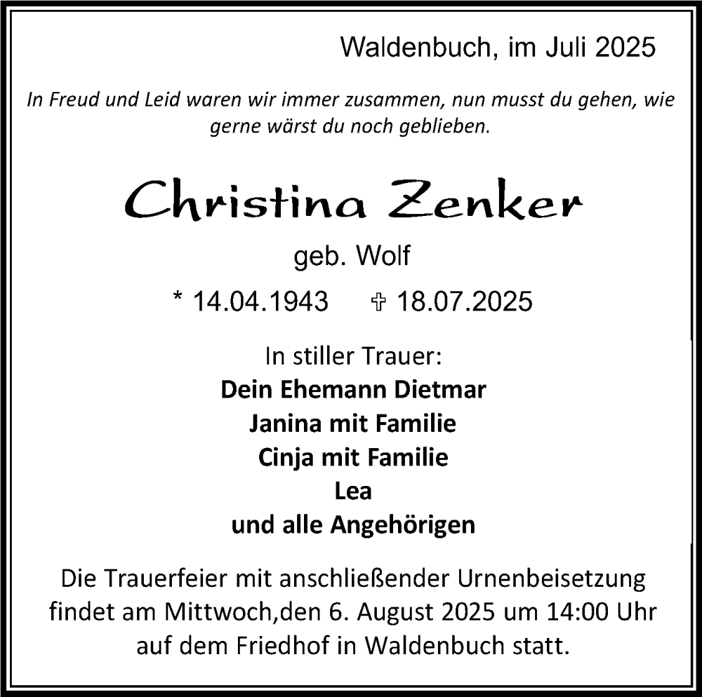  Traueranzeige für Christina Zenker vom 01.08.2025 aus Kreiszeitung Böblinger Bote