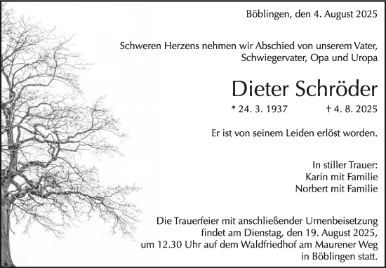 Traueranzeige von Dieter Schröder von Kreiszeitung Böblinger Bote
