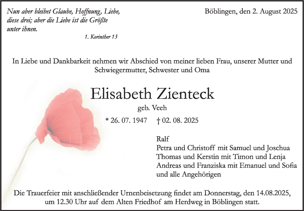  Traueranzeige für Elisabeth Zienteck vom 07.08.2025 aus Kreiszeitung Böblinger Bote