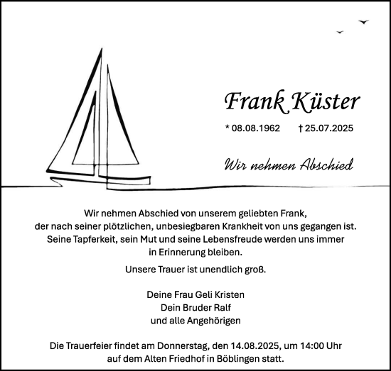 Traueranzeige von Frank Küster von Kreiszeitung Böblinger Bote