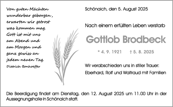 Traueranzeige von Gottlob Brodbeck von Kreiszeitung Böblinger Bote