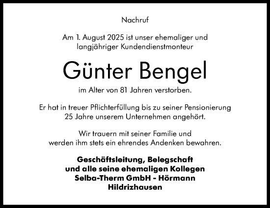 Traueranzeige von Günter Bengel von Kreiszeitung Böblinger Bote
