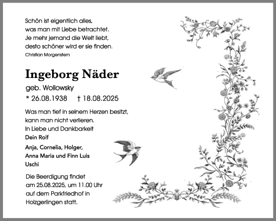 Traueranzeige von Ingeborg Näder von Kreiszeitung Böblinger Bote