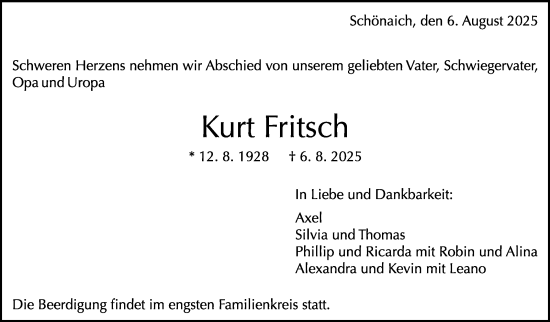 Traueranzeige von Kurt Fritsch von Kreiszeitung Böblinger Bote