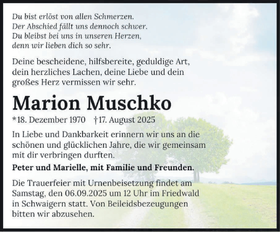 Traueranzeige von Marion Muschko von Kreiszeitung Böblinger Bote