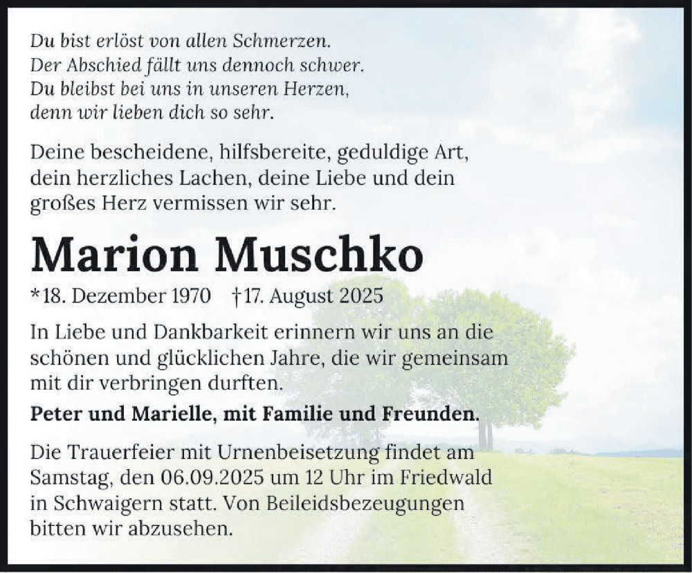  Traueranzeige für Marion Muschko vom 26.08.2025 aus Kreiszeitung Böblinger Bote